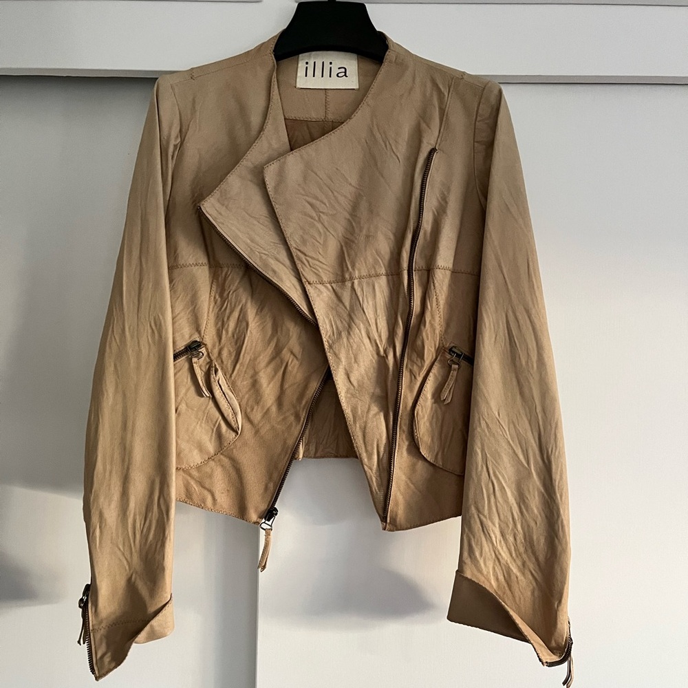 Illia asymmetrical leather jacket in beige size 4